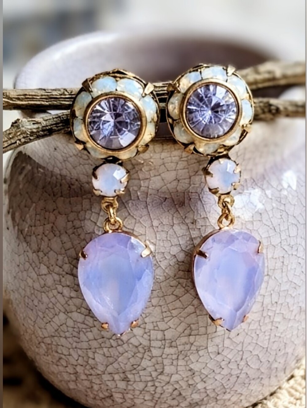 Victorian Serene Lavender Crystal In Feminine Artisan-Made Gold Plated Earrings
